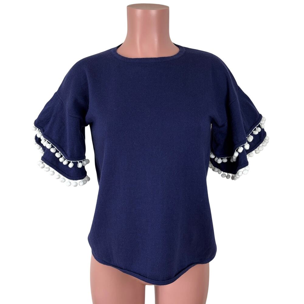 two bees cashmere Navy Blue Short Sleeve Sweater pom pom ruffle Small preppy